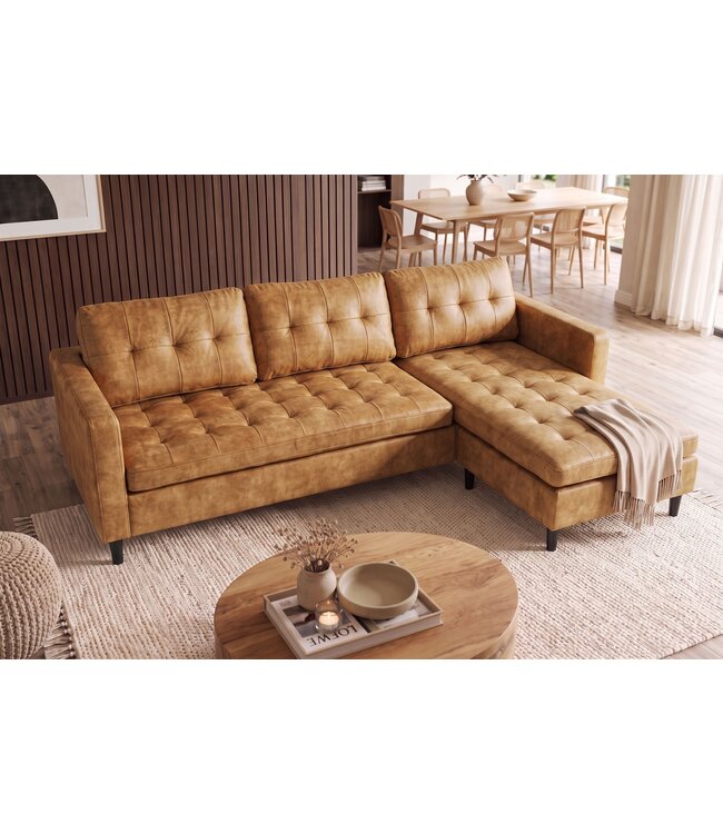 Invicta Interior Hoekbank STOCKHOLM 220cm 3-zits met ottoman gestikt fluweel mosterdgeel - 49374