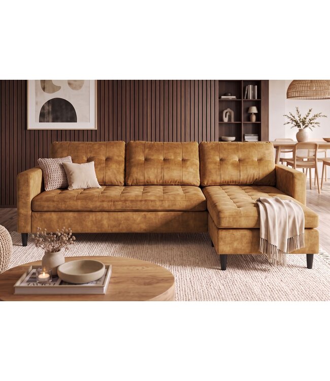 Invicta Interior Hoekbank STOCKHOLM 220cm 3-zits met ottoman gestikt fluweel mosterdgeel - 49374