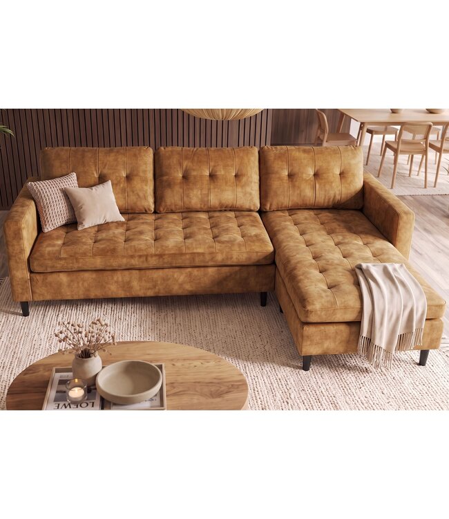 Invicta Interior Hoekbank STOCKHOLM 220cm 3-zits met ottoman gestikt fluweel mosterdgeel - 49374