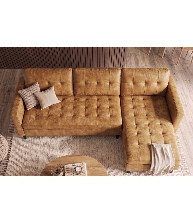 Invicta Interior Hoekbank STOCKHOLM 220cm 3-zits met ottoman gestikt fluweel mosterdgeel - 49374