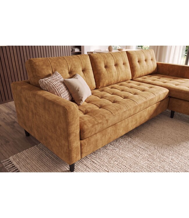 Invicta Interior Hoekbank STOCKHOLM 220cm 3-zits met ottoman gestikt fluweel mosterdgeel - 49374