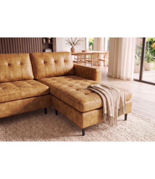 Invicta Interior Hoekbank STOCKHOLM 220cm 3-zits met ottoman gestikt fluweel mosterdgeel - 49374