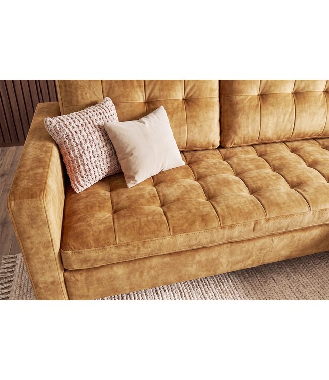 Invicta Interior Hoekbank STOCKHOLM 220cm 3-zits met ottoman gestikt fluweel mosterdgeel - 49374