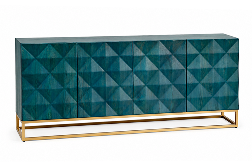 Dressoir VULCANO 180cm 3D front mangohout turquoise met gouden metalen frame - 49492