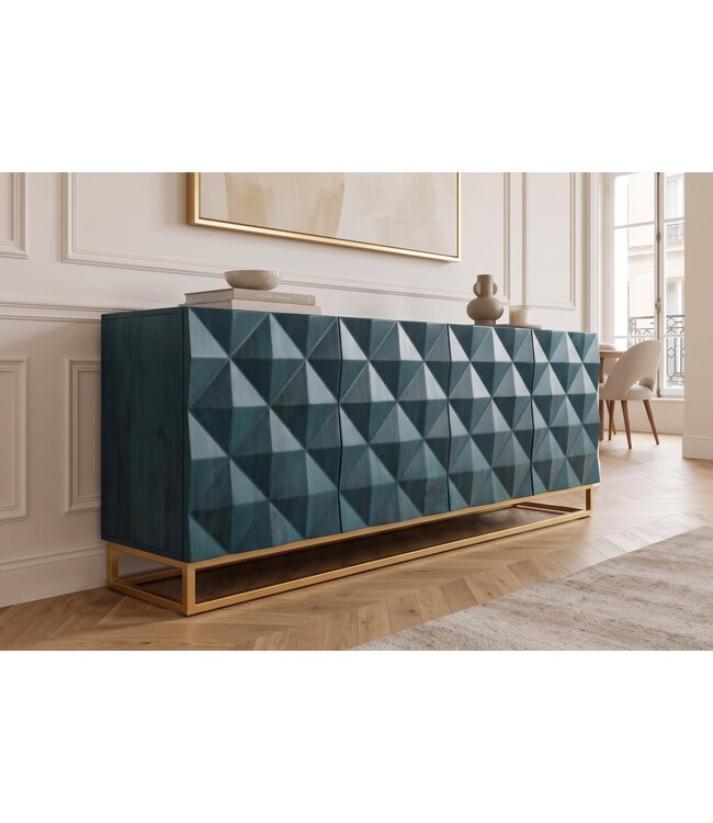 Invicta Interior Dressoir VULCANO 180cm 3D front mangohout turquoise met gouden metalen frame - 49492