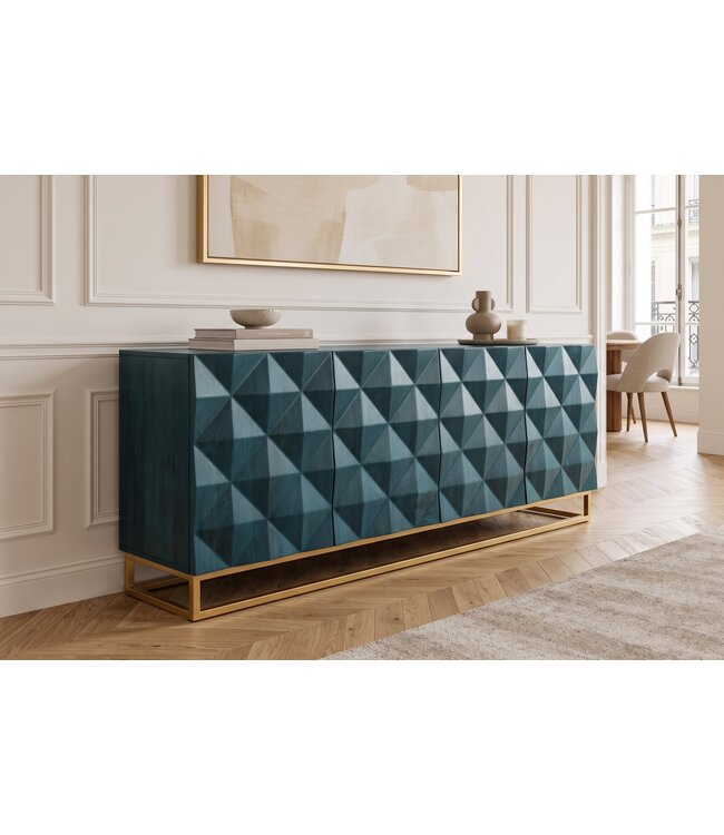 Invicta Interior Dressoir VULCANO 180cm 3D front mangohout turquoise met gouden metalen frame - 49492
