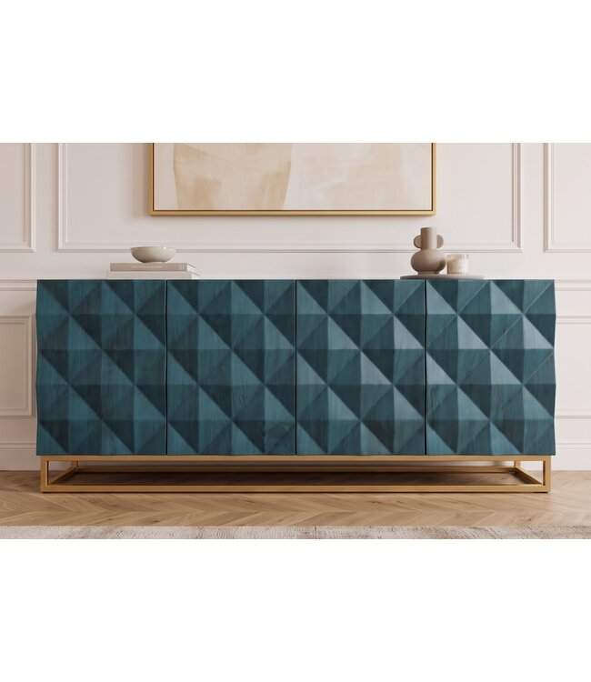 Invicta Interior Dressoir VULCANO 180cm 3D front mangohout turquoise met gouden metalen frame - 49492