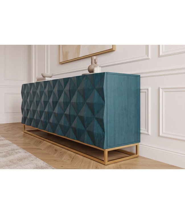 Invicta Interior Dressoir VULCANO 180cm 3D front mangohout turquoise met gouden metalen frame - 49492