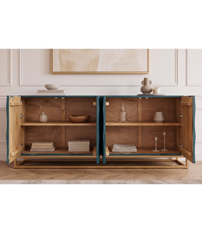 Invicta Interior Dressoir VULCANO 180cm 3D front mangohout turquoise met gouden metalen frame - 49492