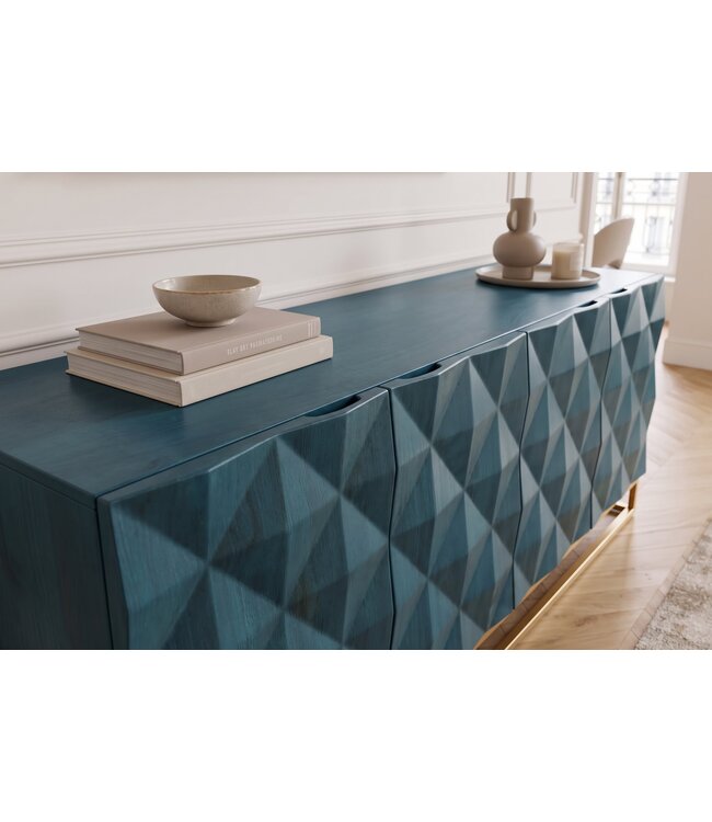 Invicta Interior Dressoir VULCANO 180cm 3D front mangohout turquoise met gouden metalen frame - 49492