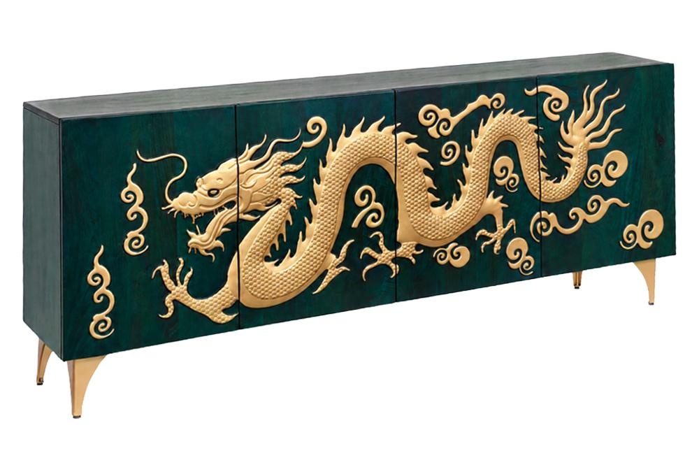 Dressoir DRAGON 180cm 3D dragon front mangohout turquoise met goudkleurige details - 49493