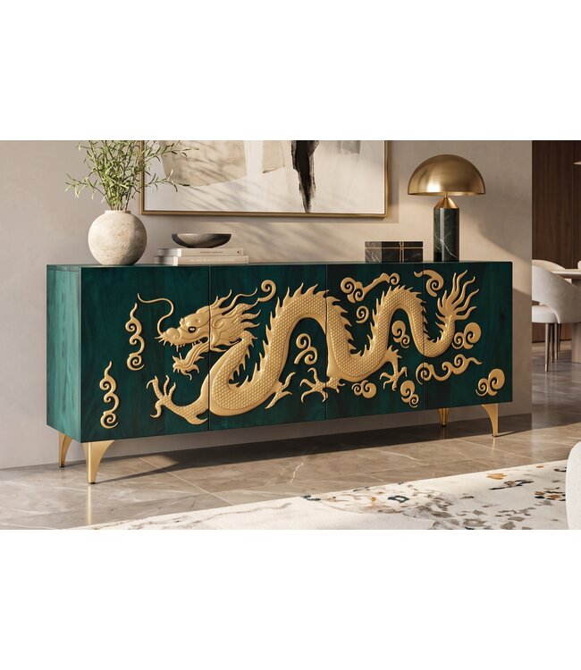 Invicta Interior Dressoir DRAGON 180cm 3D dragon front mangohout turquoise met goudkleurige details - 49493