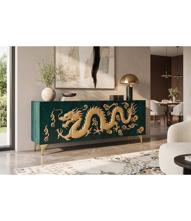 Invicta Interior Dressoir DRAGON 180cm 3D dragon front mangohout turquoise met goudkleurige details - 49493