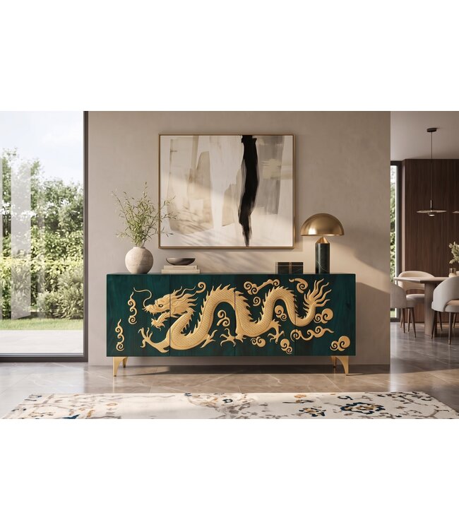 Invicta Interior Dressoir DRAGON 180cm 3D dragon front mangohout turquoise met goudkleurige details - 49493