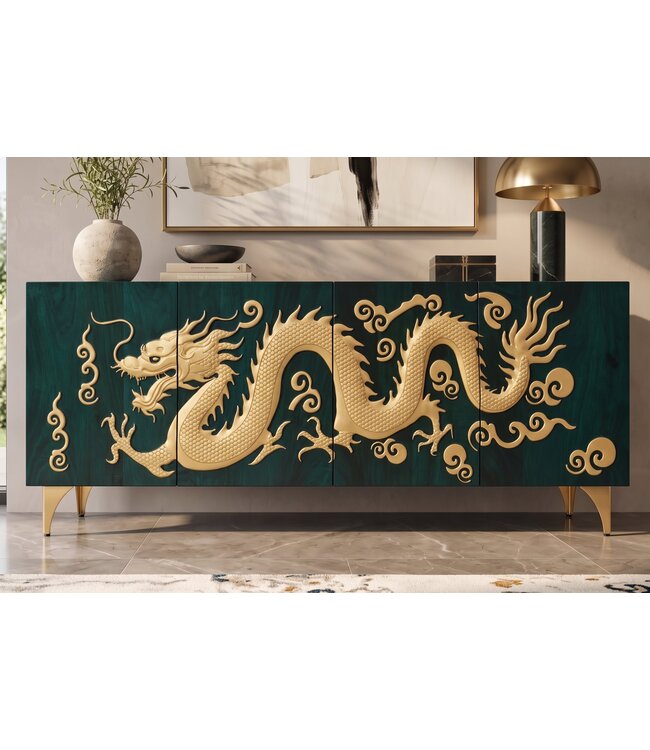 Invicta Interior Dressoir DRAGON 180cm 3D dragon front mangohout turquoise met goudkleurige details - 49493