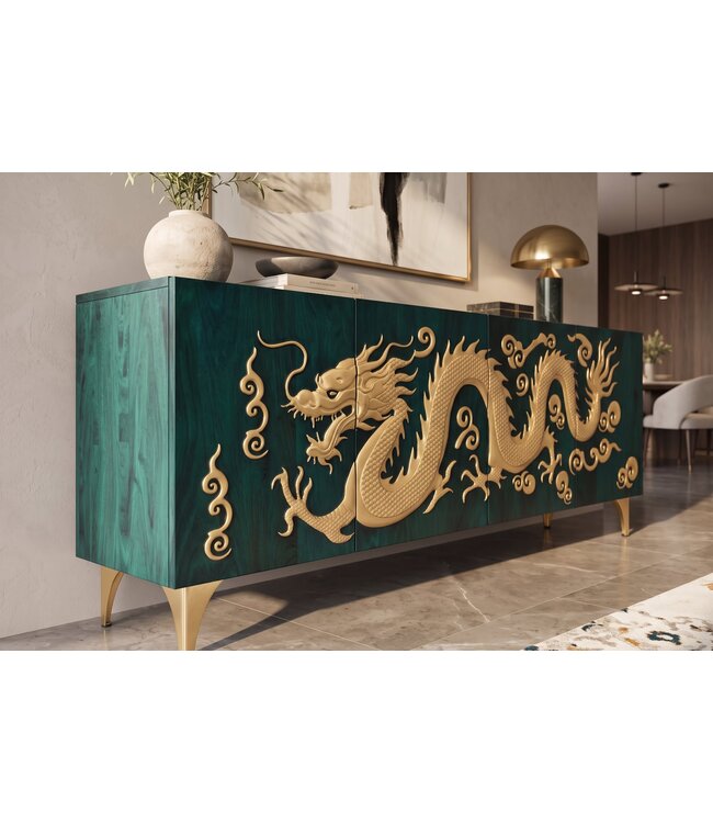 Invicta Interior Dressoir DRAGON 180cm 3D dragon front mangohout turquoise met goudkleurige details - 49493