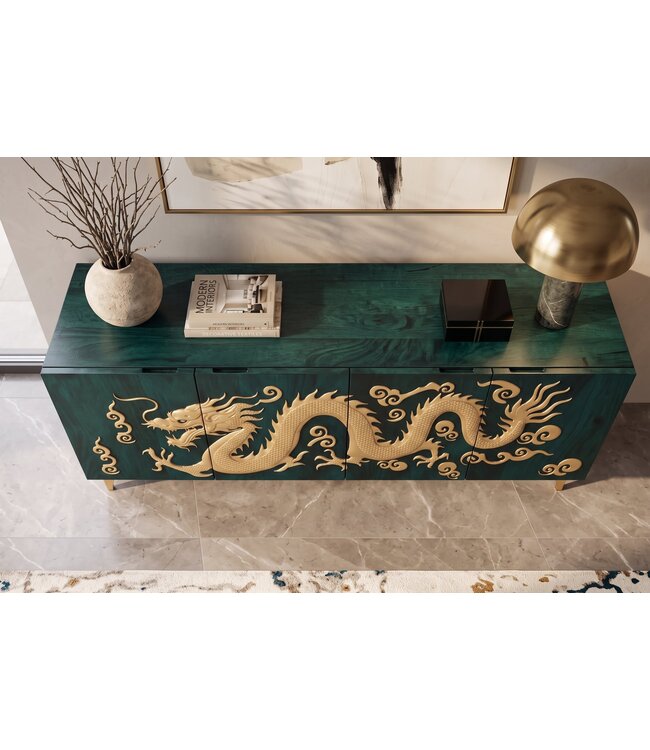 Invicta Interior Dressoir DRAGON 180cm 3D dragon front mangohout turquoise met goudkleurige details - 49493