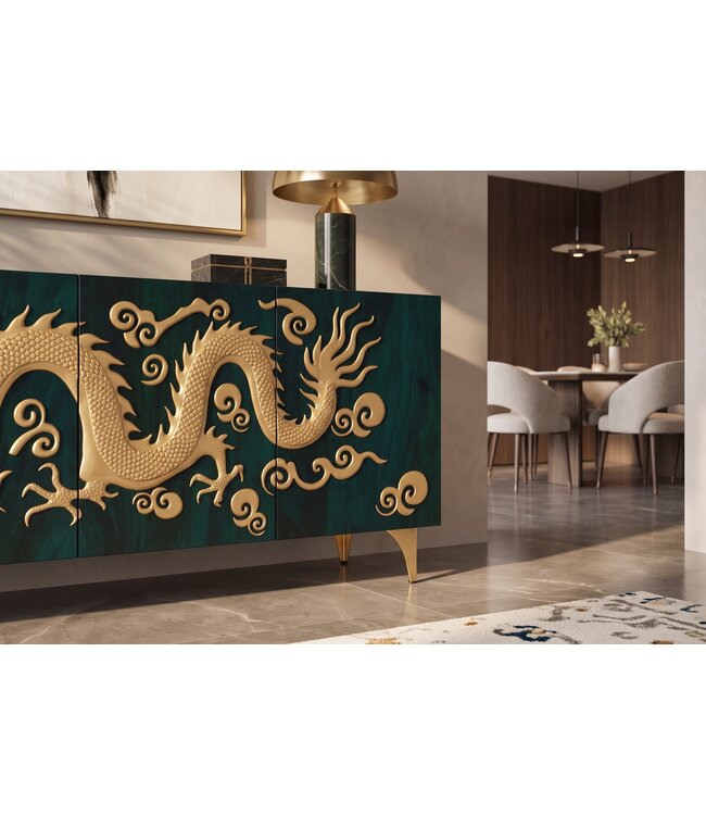 Invicta Interior Dressoir DRAGON 180cm 3D dragon front mangohout turquoise met goudkleurige details - 49493