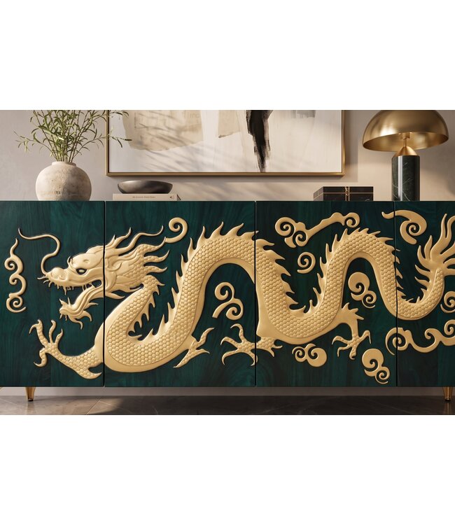 Invicta Interior Dressoir DRAGON 180cm 3D dragon front mangohout turquoise met goudkleurige details - 49493