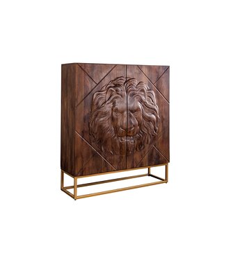 Invicta Interior Highboard LION 120cm met 3D leeuw front mangohout bruin met gouden metalen frame - 49499