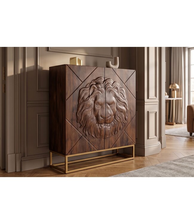 Invicta Interior Highboard LION 120cm met 3D leeuw front mangohout bruin met gouden metalen frame - 49499