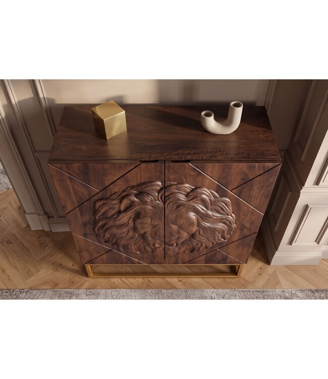 Invicta Interior Highboard LION 120cm met 3D leeuw front mangohout bruin met gouden metalen frame - 49499