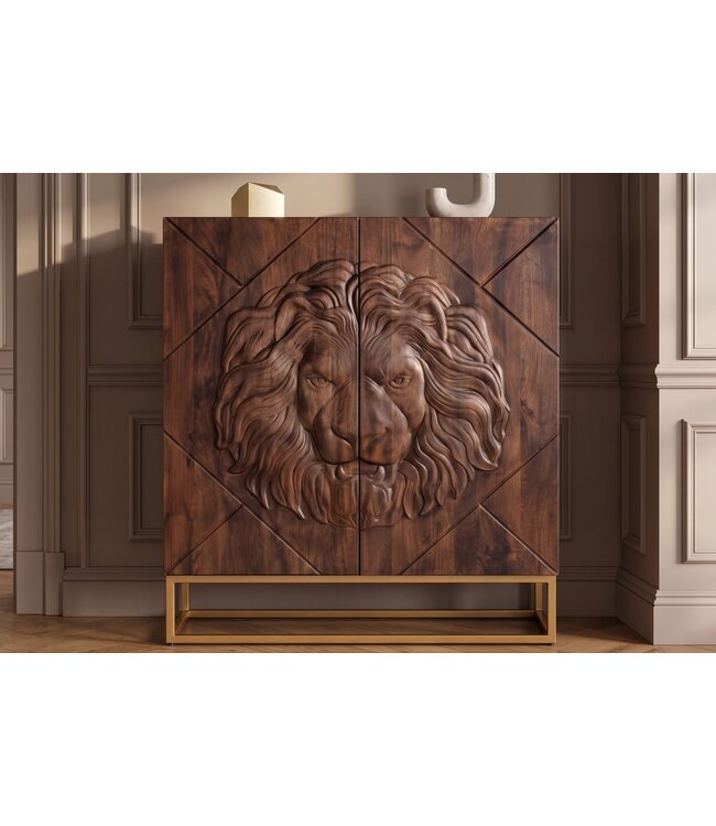 Invicta Interior Highboard LION 120cm met 3D leeuw front mangohout bruin met gouden metalen frame - 49499