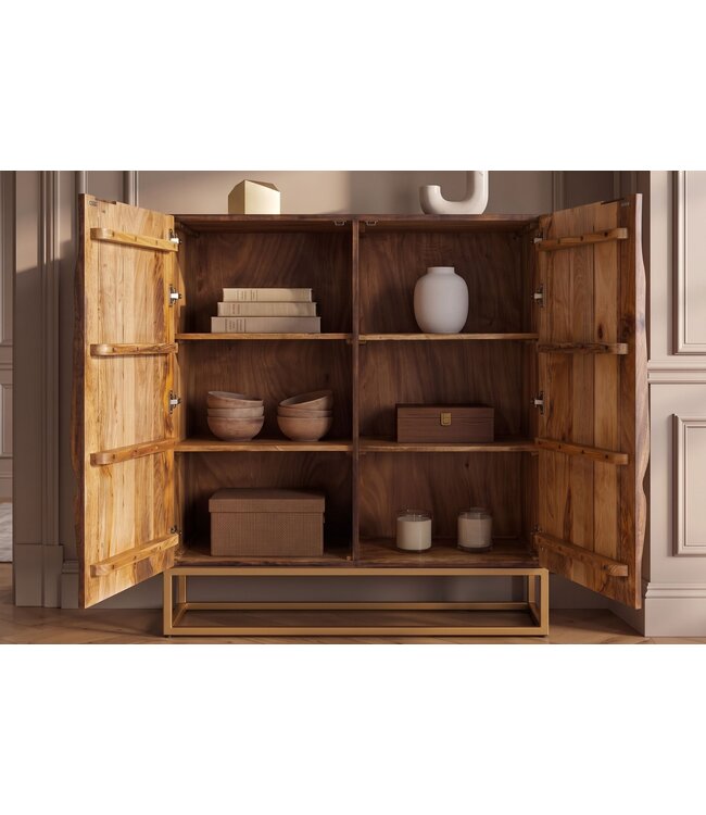 Invicta Interior Highboard LION 120cm met 3D leeuw front mangohout bruin met gouden metalen frame - 49499