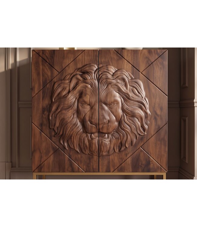 Invicta Interior Highboard LION 120cm met 3D leeuw front mangohout bruin met gouden metalen frame - 49499
