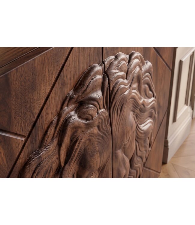 Invicta Interior Highboard LION 120cm met 3D leeuw front mangohout bruin met gouden metalen frame - 49499