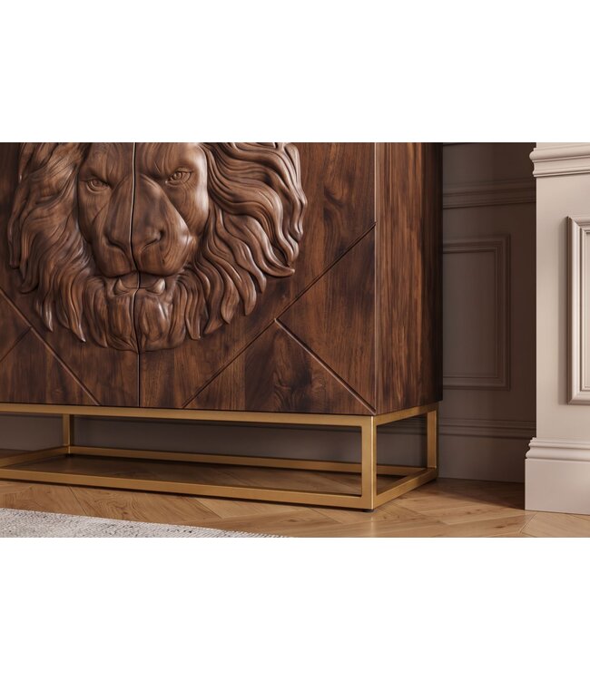 Invicta Interior Highboard LION 120cm met 3D leeuw front mangohout bruin met gouden metalen frame - 49499
