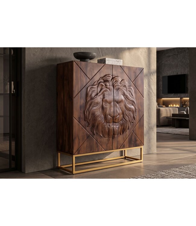 Invicta Interior Highboard LION 120cm met 3D leeuw front mangohout bruin met gouden metalen frame - 49499