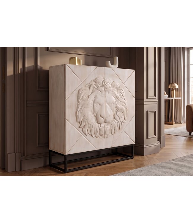 Invicta Interior Highboard LION 120cm 3D leeuwfront mango hout crème met zwart metalen frame - 49500