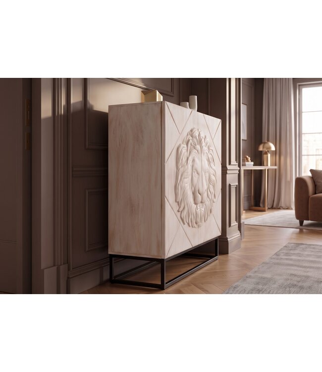 Invicta Interior Highboard LION 120cm 3D leeuwfront mango hout crème met zwart metalen frame - 49500