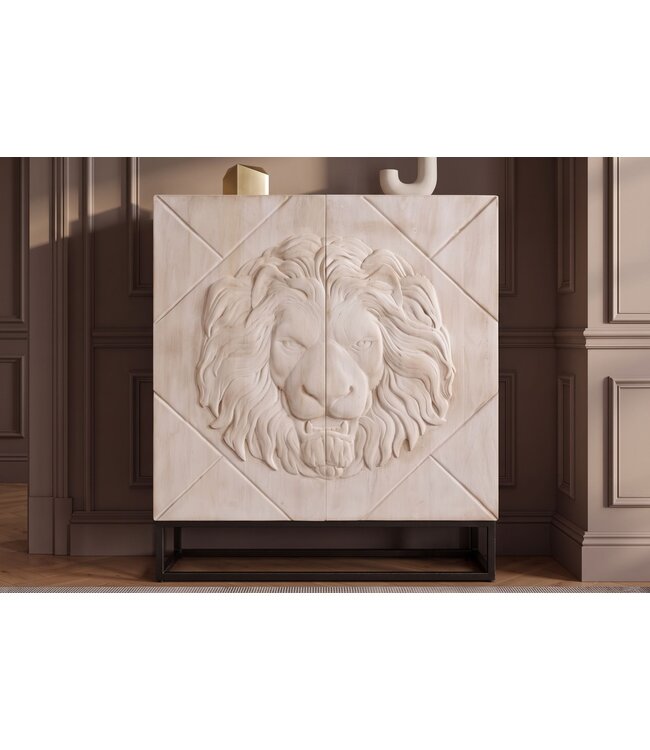 Invicta Interior Highboard LION 120cm 3D leeuwfront mango hout crème met zwart metalen frame - 49500
