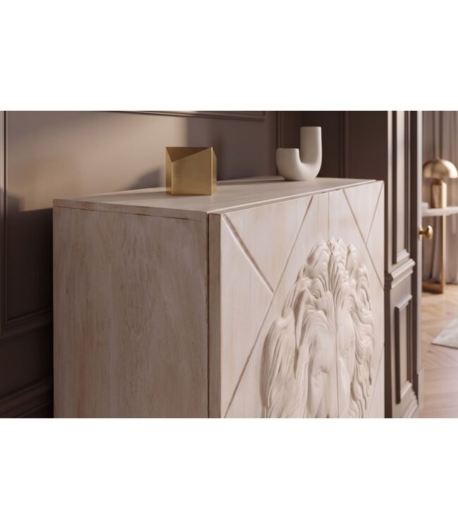 Invicta Interior Highboard LION 120cm 3D leeuwfront mango hout crème met zwart metalen frame - 49500
