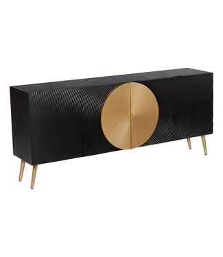Invicta Interior Dressoir AURUM 180cm getextureerde voorzijde goudkleurige cirkelaccenten zwart mangohout goudkleurige metalen poten - 49519