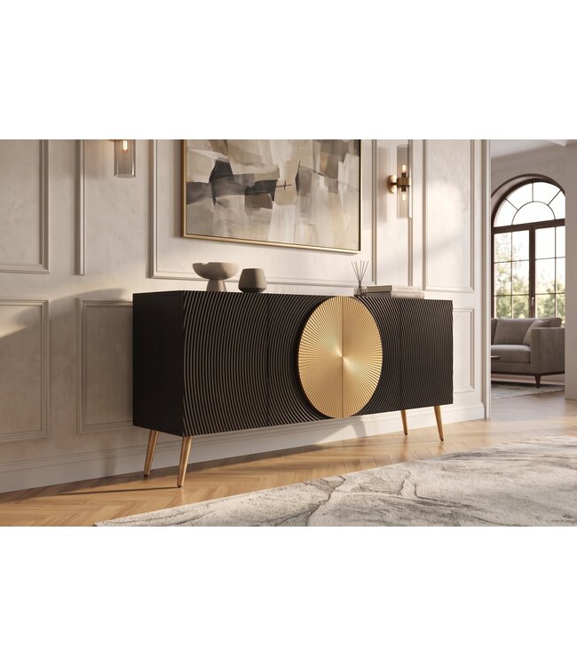 Invicta Interior Dressoir AURUM 180cm getextureerde voorzijde goudkleurige cirkelaccenten zwart mangohout goudkleurige metalen poten - 49519