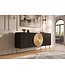 Invicta Interior Dressoir AURUM 180cm getextureerde voorzijde goudkleurige cirkelaccenten zwart mangohout goudkleurige metalen poten - 49519