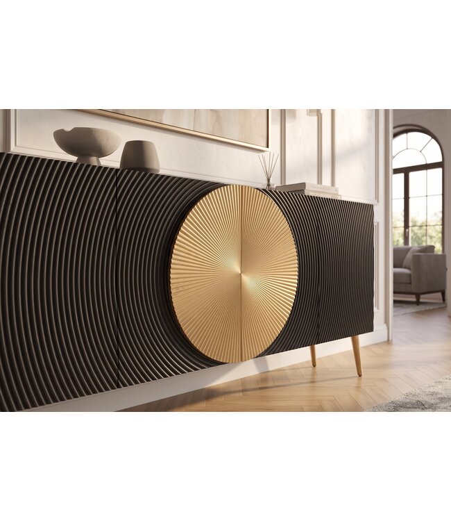 Invicta Interior Dressoir AURUM 180cm getextureerde voorzijde goudkleurige cirkelaccenten zwart mangohout goudkleurige metalen poten - 49519