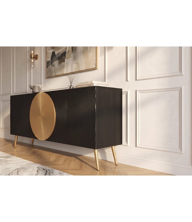 Invicta Interior Dressoir AURUM 180cm getextureerde voorzijde goudkleurige cirkelaccenten zwart mangohout goudkleurige metalen poten - 49519