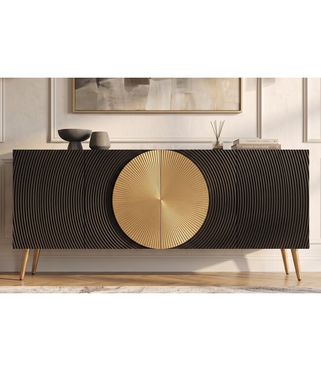 Invicta Interior Dressoir AURUM 180cm getextureerde voorzijde goudkleurige cirkelaccenten zwart mangohout goudkleurige metalen poten - 49519