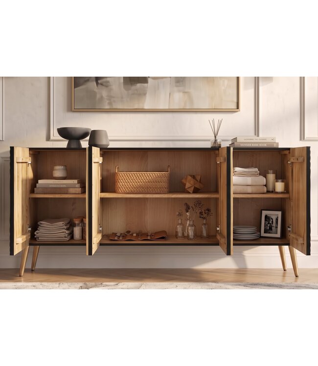 Invicta Interior Dressoir AURUM 180cm getextureerde voorzijde goudkleurige cirkelaccenten zwart mangohout goudkleurige metalen poten - 49519