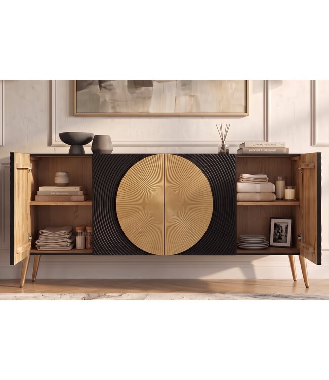 Invicta Interior Dressoir AURUM 180cm getextureerde voorzijde goudkleurige cirkelaccenten zwart mangohout goudkleurige metalen poten - 49519