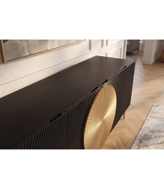 Invicta Interior Dressoir AURUM 180cm getextureerde voorzijde goudkleurige cirkelaccenten zwart mangohout goudkleurige metalen poten - 49519