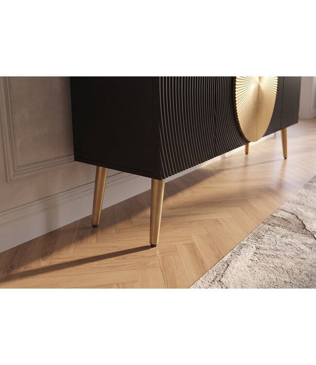 Invicta Interior Dressoir AURUM 180cm getextureerde voorzijde goudkleurige cirkelaccenten zwart mangohout goudkleurige metalen poten - 49519