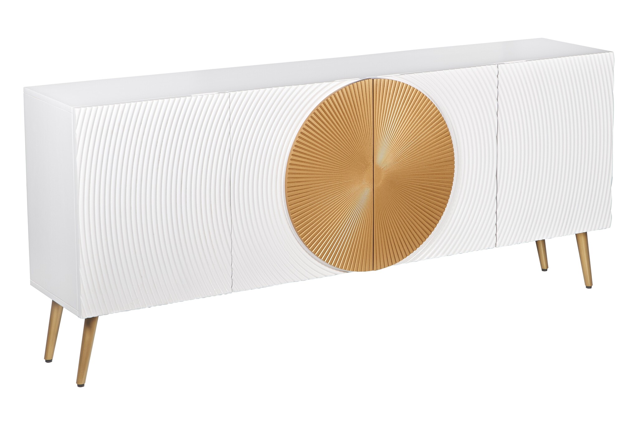 Dressoir AURUM 180cm gestructureerde voorkant gouden cirkelaccent wit mangohout gouden metalen poten - 49520