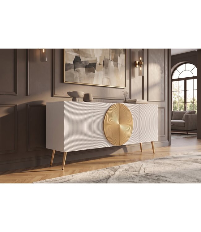 Invicta Interior Dressoir AURUM 180cm gestructureerde voorkant gouden cirkelaccent wit mangohout gouden metalen poten - 49520