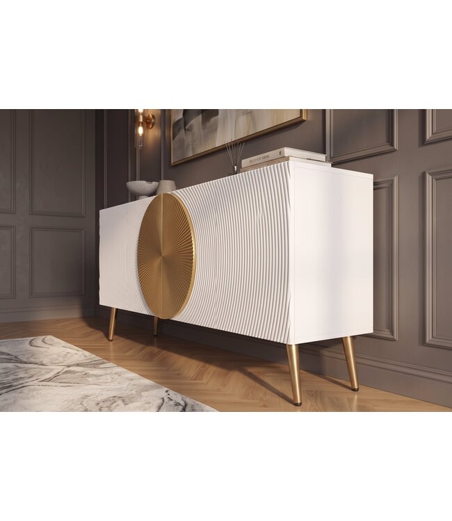 Invicta Interior Dressoir AURUM 180cm gestructureerde voorkant gouden cirkelaccent wit mangohout gouden metalen poten - 49520