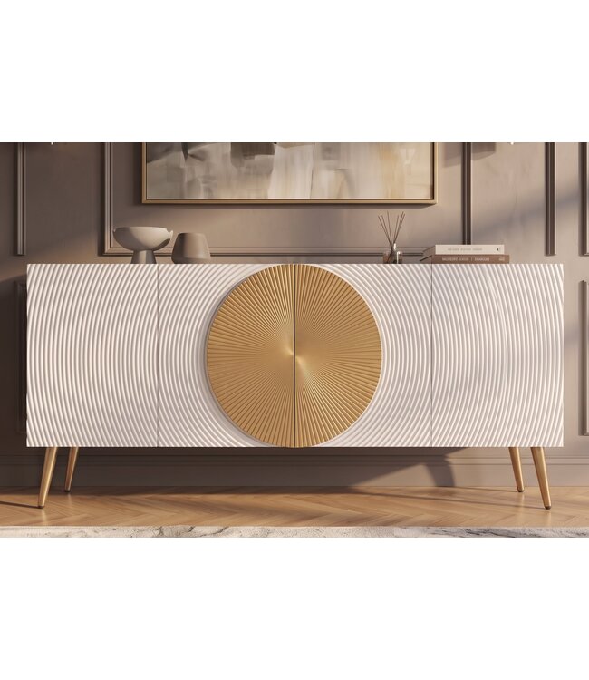 Invicta Interior Dressoir AURUM 180cm gestructureerde voorkant gouden cirkelaccent wit mangohout gouden metalen poten - 49520